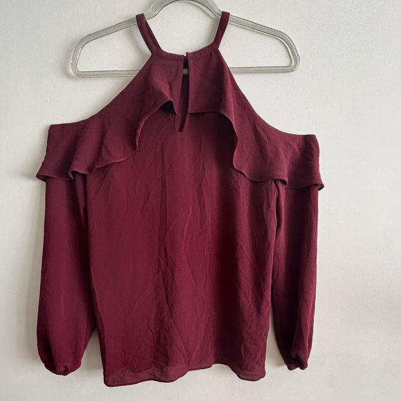 Michael Kors Burgundy Women’s Long Sleeve Cold-Shoulder Ruffle Blouse Size M - Picture 6 of 10